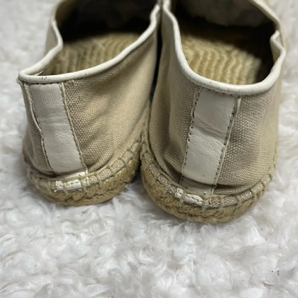 Tory Burch Canvas Khaki & beige espadrilles slip on gold tone logo accent SZ9.5